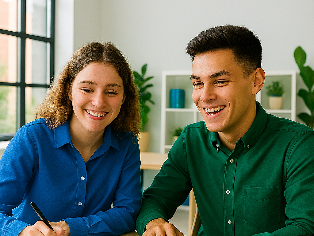 Suche Dualer Student Zwei Jugendliche sitzen vor einem Laptop