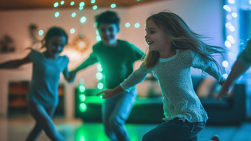 Kinder tanzen wild im Discolicht