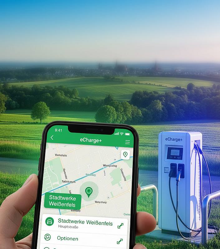 Smartphone aktiviert mit einer App eine Ladestation im ländlichen Raum