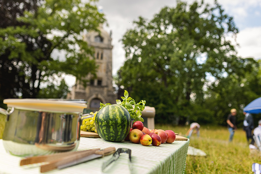 Buffett auf einer Wiese vor dem Bismarckturm in Weißenfels
